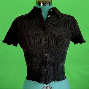 &OtherStories Plissé Pleated Button Up Black Shirt Short Sleeves Size 0